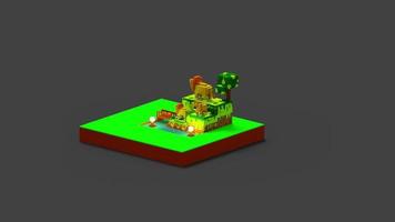 rotation du lion 3d et du rendu du mini zoo en utilisant le style d'art voxel. avec des couleurs vertes, marron, bleues et jaunes.