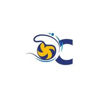 Letter C logo and volleyball hit into the water waves vector