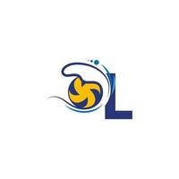 Letter L logo and volleyball hit into the water waves vector