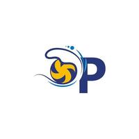 Letter P logo and volleyball hit into the water waves vector