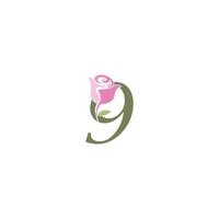 número 9 con plantilla de vector de logotipo de icono de rosa