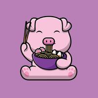 Cute Pig Eating Ramen Noodle Cartoon Vector Icon Illustration. Animal Food Icon Concept Isolated Premium Vector. Flat Cartoon Style