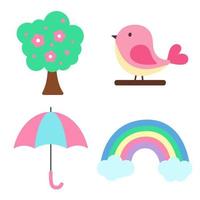 conjunto de elementos de resorte. árbol con flores de primavera, pájaro rosa, paraguas y arco iris con nubes. impresión para paquete de pegatinas, ropa, textil, diseño y decoración de temporada. ilustración en colores pastel vector