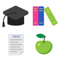 conjunto de elementos escolares y educativos. sombrero de graduación, libros, lista de exámenes y manzana verde. concepto de regreso a la escuela. impresiones para web, volante, pegatinas, diseño y decoración vector