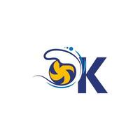 Letter K logo and volleyball hit into the water waves vector