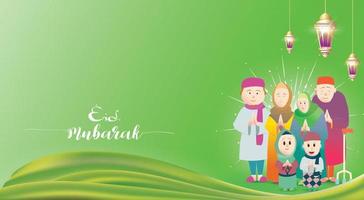 saludo familiar musulmán celebrando eid mubarak, vector de dibujos animados ramadan kareem deseando festival islámico para pancarta, afiche, fondo, volante, ilustración, tarjeta de felicitación, folleto