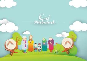 saludo familiar musulmán celebrando eid mubarak, vector de dibujos animados ramadan kareem deseando festival islámico para pancarta, afiche, fondo, volante, ilustración, tarjeta de felicitación, folleto