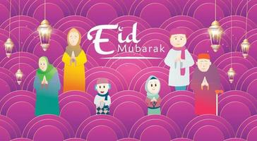 saludo familiar musulmán celebrando eid mubarak, vector de dibujos animados ramadan kareem deseando festival islámico para pancarta, afiche, fondo, ilustración, tarjeta de felicitación, folleto y fondo
