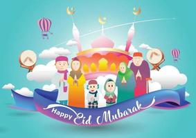 Muslim family greeting celebrating Eid mubarak, ramadan kareem cartoon vector Wishing for Islamic festival for banner, poster, background, flyer,illustration, brochure and sale background