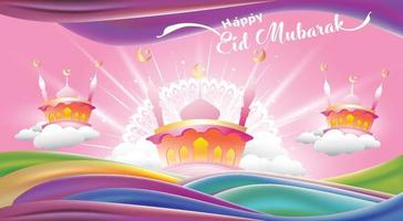 ilustración de la tarjeta de felicitación de eid mubarak, vector de dibujos animados ramadan kareem deseando festival islámico para pancarta, afiche, fondo, volante, ilustración, folleto y fondo de venta