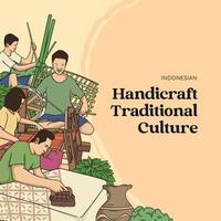cultura tradicional artesanal dibujada a mano. tejedor, artesano de bambú y batik vector