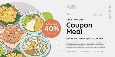 vale de regalo de comida menú de pedido de descuento comida de indonesia oriental vector dibujado a mano