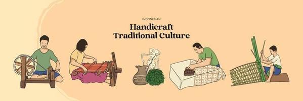 cultura tradicional artesanal aislada dibujada a mano. tejedor, artesano de bambú y batik vector