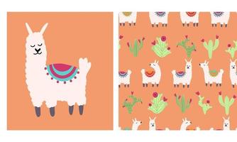 Lama alpaca seamless pattern with cactus. Vector illustration of nursery characters in cartoon hand drawn doodle childish style