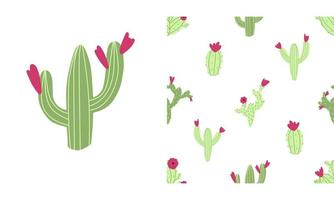 Cactus seamless pattern on white background. Nursery childish illustration in cartoon hand drawn style with colorful cacti and flowers vector