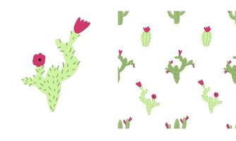 Cactus seamless pattern on white background. Nursery childish illustration in cartoon hand drawn style with colorful cacti and flowers vector