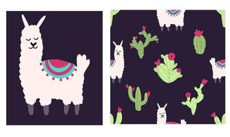 lama alpaca de patrones sin fisuras con cactus. ilustración vectorial de personajes de guardería en dibujos animados dibujados a mano garabato estilo infantil
