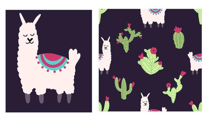 Lama alpaca seamless pattern with cactus. Vector illustration of nursery characters in cartoon hand drawn doodle childish style