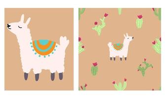 Lama alpaca seamless pattern with cactus. Vector illustration of nursery characters in cartoon hand drawn doodle childish style