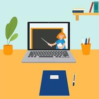 Online education concept, webinar presentation, teacher near the blackboard with a pointer in the laptop on the table with plant, books, pens, pencils