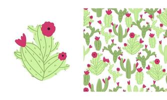 Vector seamless cactus pattern on white background. Cute childish illustration in cartoon hand drawn style with colorful cacti and flowers