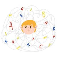 Upset light-skinned child with invisible disease dyslexia. Concept of dyslexic boy in the chaos of letters in cartoon style vector