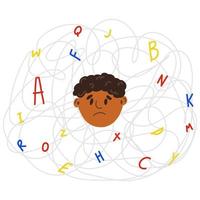 Upset black child with invisible disease dyslexia. Concept of dyslexic boy in the chaos of letters in cartoon style vector