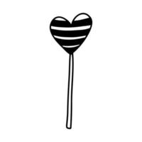 Vector illustration of lollipop on a stick in the shape of a heart in doodle style. Black ink silhouette on white background