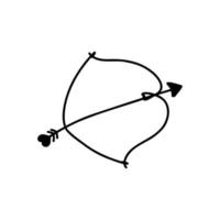 ilustración vectorial de flecha con corazón y arco en estilo garabato. silueta de tinta negra sobre fondo blanco vector