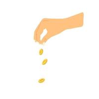 Vector illustration with hand giving money in cartoon hand drawn flat style. Hand with falling coins isolated on white background