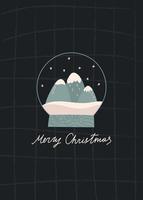 tarjeta de felicitación de feliz navidad con globo de nieve y montañas dentro - ilustración de vector plano. cartel texturizado dibujado a mano para la celebración de las vacaciones de invierno.