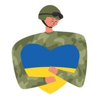 Soldier in camouflage uniform and helmet hugging heart with Ukrainian flag, flat vector illustration isolated on white. Man fighting and praying for peace in Ukraine during war time.