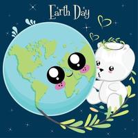 ilustración kawaii del día de la tierra. caricatura feliz del planeta tierra con un osito de peluche - vector