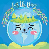 Earth day kawaii illustration. Forest on a planet earth cartoon - Vector