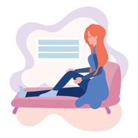 Happy woman sitting on a couch Hygge concept Vector