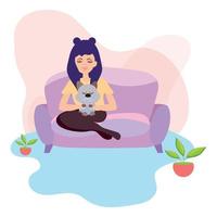 Happy girl sitting on a couch with her dog Hygge concept Vector