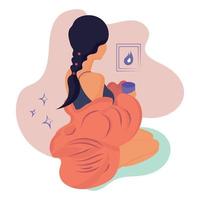 mujer aislada con una taza de bebida caliente hygge concepto vector