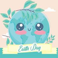 Earth day kawaii illustration. Happy planet earth cartoon with leaves - Vector