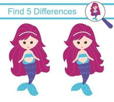 sirenas de dibujos animados. encuentra 5 diferencias. juego educativo para niños. vector