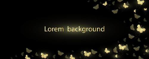 Banner with decorative shining golden butterflies on a black background. Vector illustration.