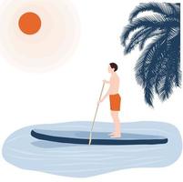levántate ilustración de stock vectorial. un hombre se pone de pie para remar al atardecer en un mar plano, cálido y tranquilo con hermosos colores de puesta de sol. Aislado en un fondo blanco vector