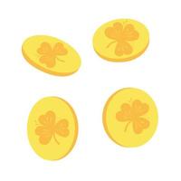 Gold coins with clover leaves. Vector stock illustration. St. Patrick's Day. Isolated on a white background.