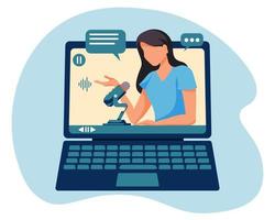 Illustration, female blogger, TV presenter with a microphone, broadcast from a computer, vlogs. Blue colors. Modern concept. Vector