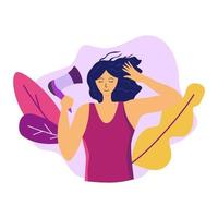Young woman blow-dry her hair vector flat illustration