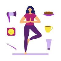 Young woman morning routine vector flat illustration set.