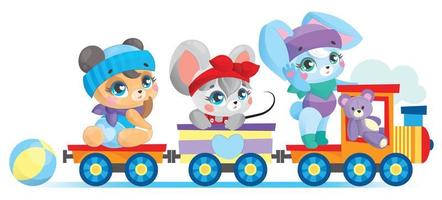Toddlers bear, hare and mouse ride on a locomotive with wagons and have fun. A teddy bear is driving. Children's preschool cute illustration.