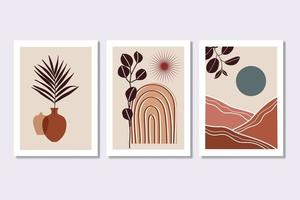 Boho Art Set of 3 Prints, Boho Wall Art, Abstract Gallery Mountain Wall Set, Sun And Moon Decorative Vector Illustration