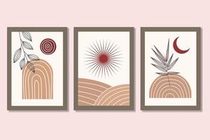 Boho Art Set of 3 Prints, Boho Wall Art, Abstract Gallery Wall Set, Sun And Moon Decorative Vector Illustration