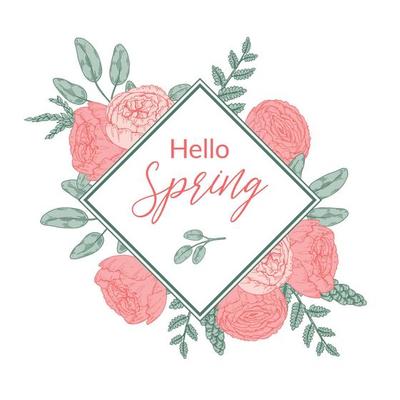 Spring floral frame. Gentle pastel design. Hand drawn vector illustration