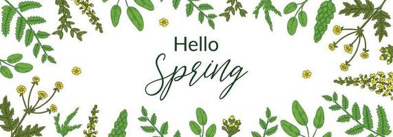 Hello Spring banner with green floral elements. Hand drawn vector illustration